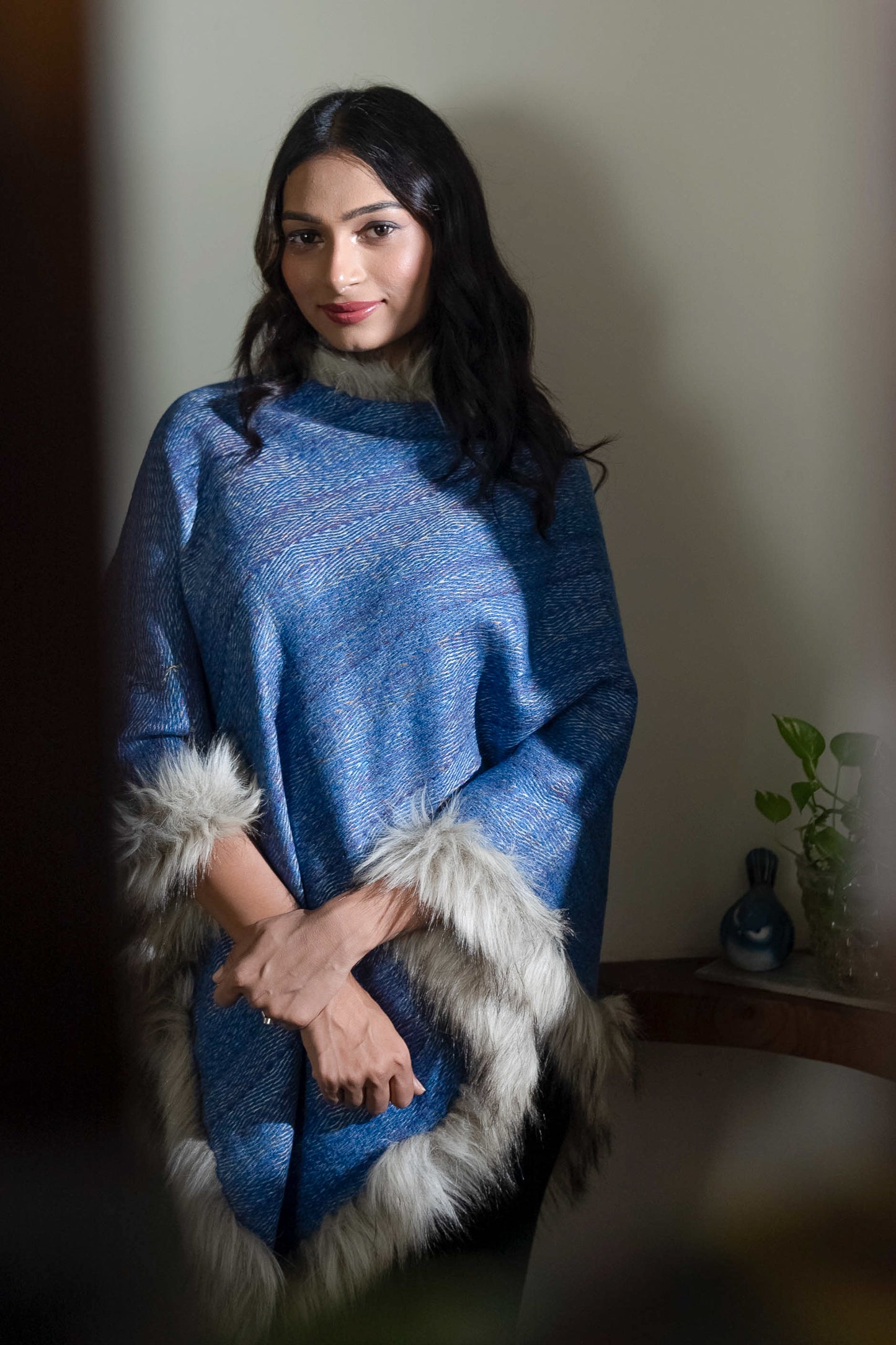 Blue Mohair Wool Poncho