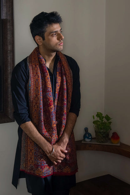 Red, Orange and Blue Kalamkari Kani Shawl