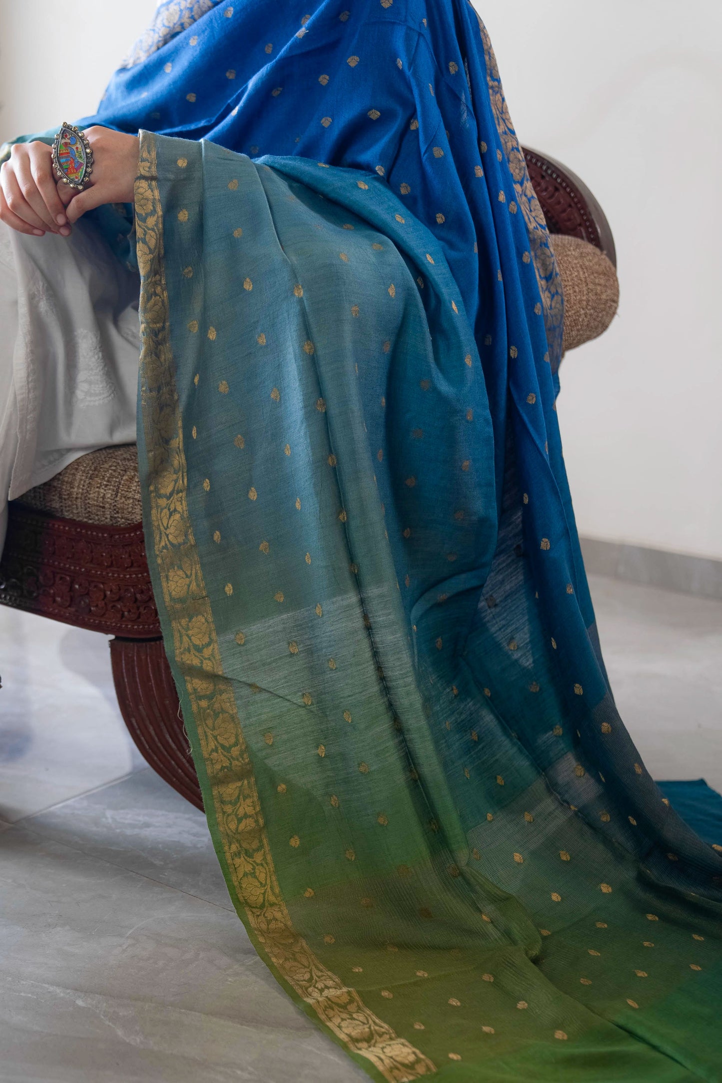 Moonga Silk Green and Teal Blue Dupatta