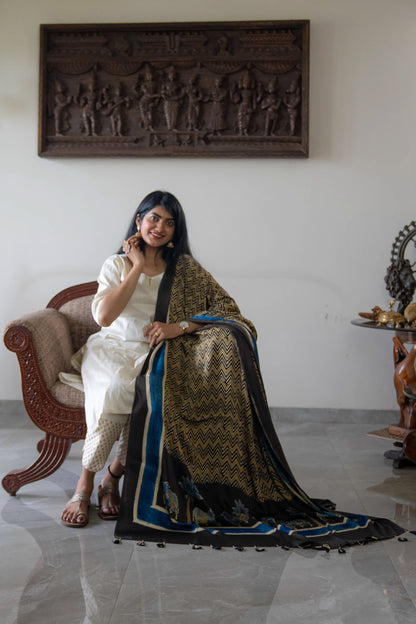 Ajrakh Modal Silk Dupatta in Algae Green