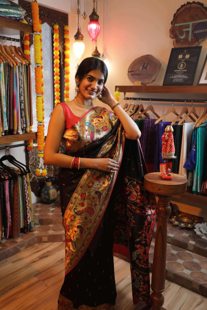 Black and Gold Mulberry Silk Paithani Saree