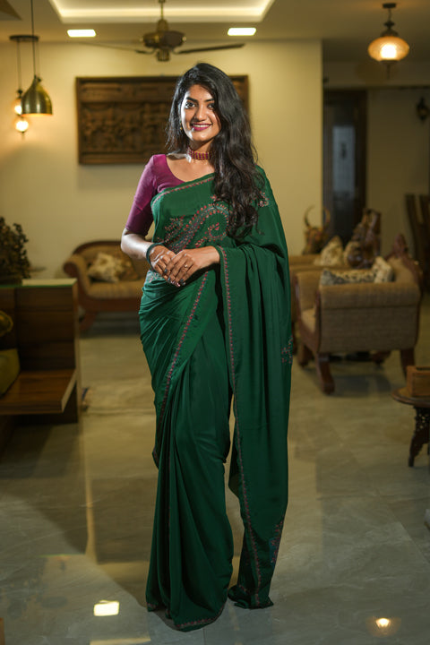 Emerald Green Crepe Saree with Kashmiri Work