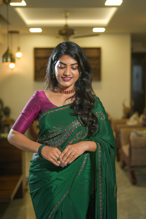 Emrald Green Crepe Saree with Kashmiri Work