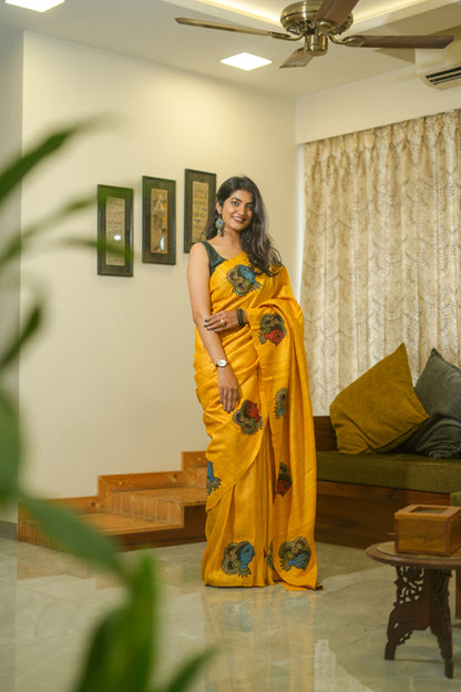 Yellow Geecha Kalamkari Saree