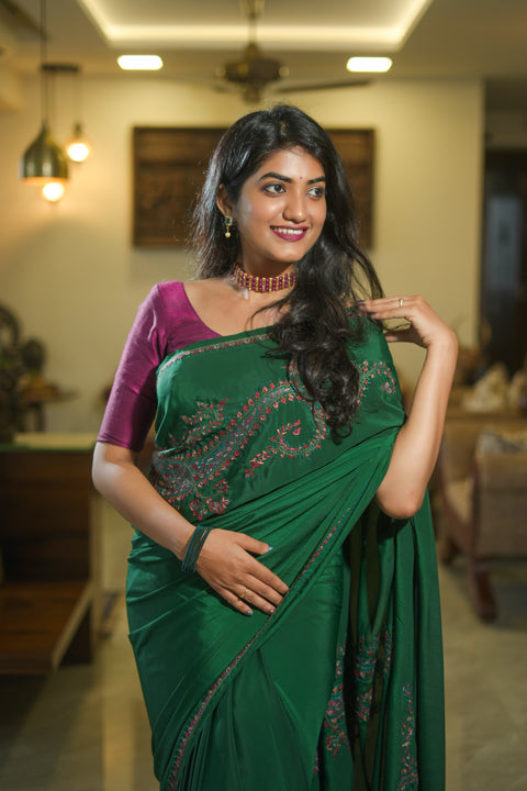 Emerald Green Crepe Saree with Kashmiri Work