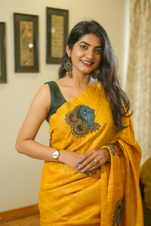 Yellow Geecha Kalamkari Saree