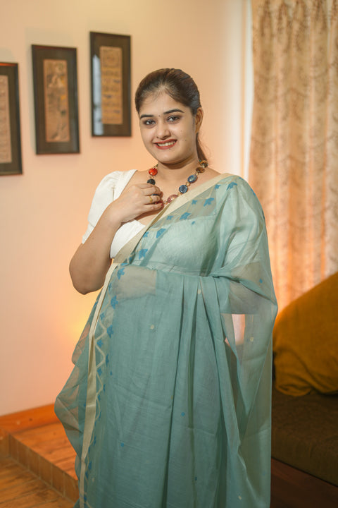 Blue Cotton Muslin Saree