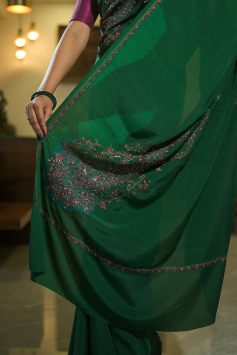 Emrald Green Crepe Saree with Kashmiri Work