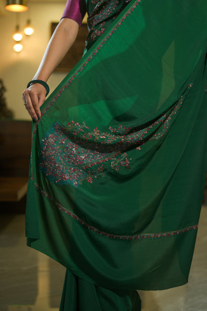 Emerald Green Crepe Saree with Kashmiri Work