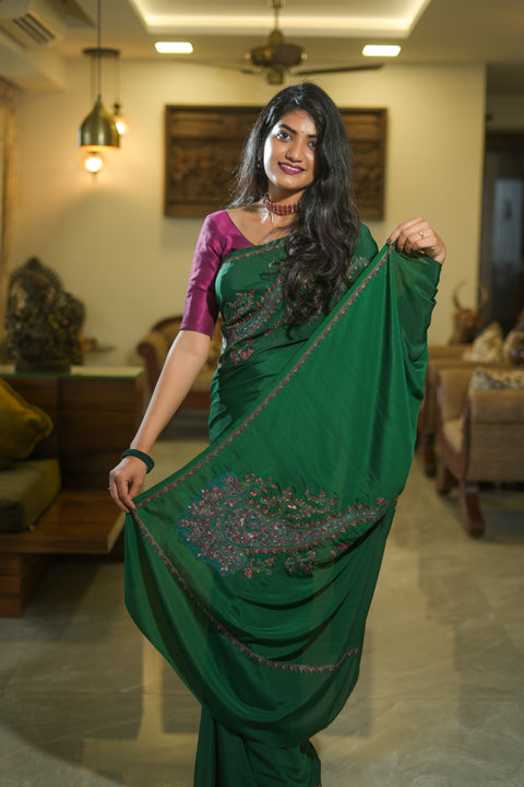 Emerald Green Crepe Saree with Kashmiri Work