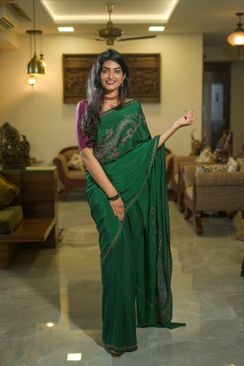 Emerald Green Crepe Saree with Kashmiri Work