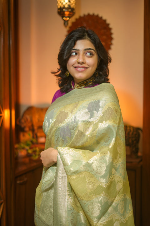 Pastel Green Linen Silk Saree