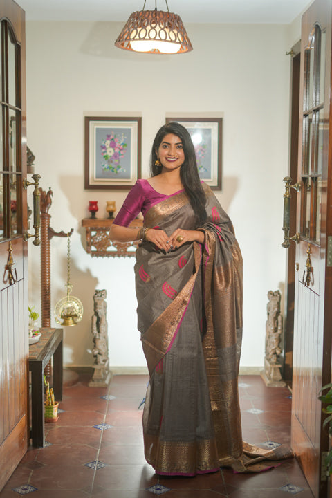 Grey & Pink Banarasi Tussar Silk Saree