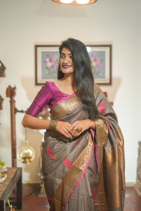 Grey & Pink Banarasi Tussar Silk Saree