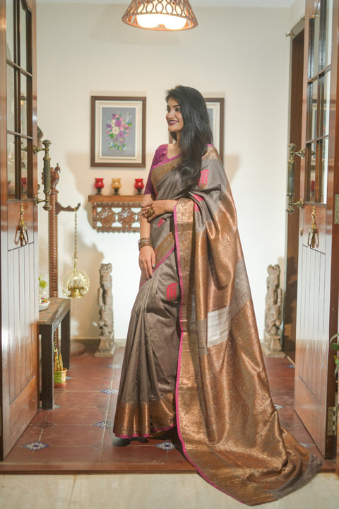 Grey & Pink Banarasi Tussar Silk Saree