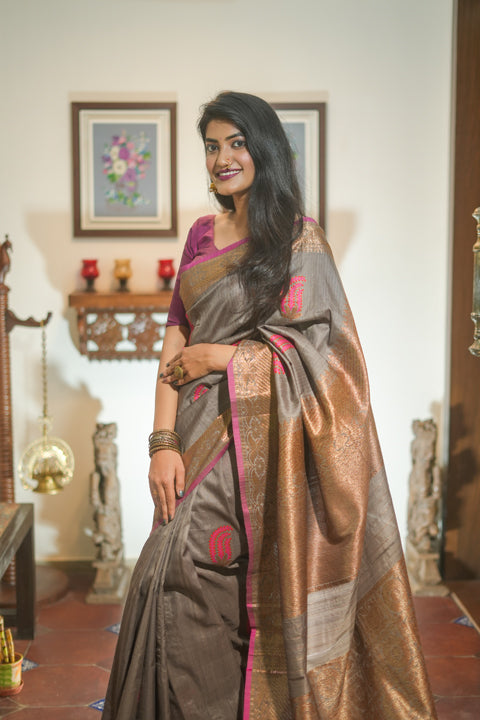 Grey & Pink Banarasi Tussar Silk Saree