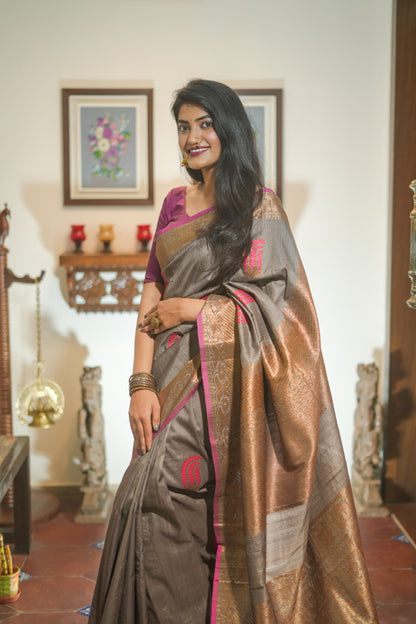 Grey & Pink Banarasi Tussar Silk Saree