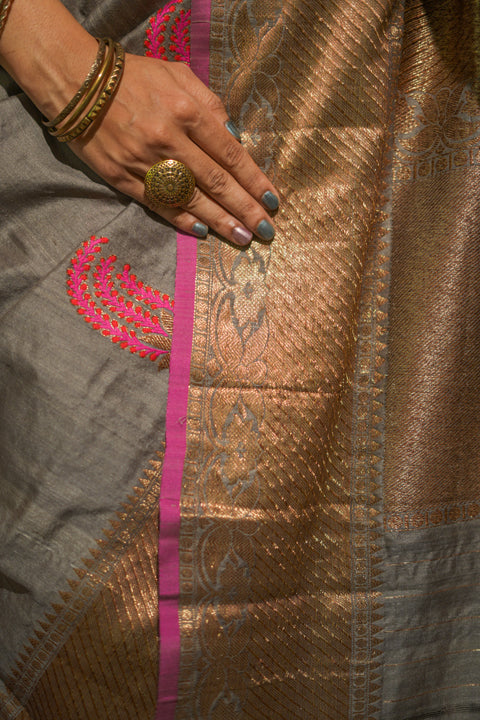 Grey & Pink Banarasi Tussar Silk Saree