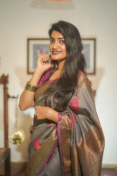 Grey & Pink Banarasi Tussar Silk Saree