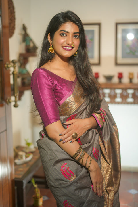 Grey & Pink Banarasi Tussar Silk Saree