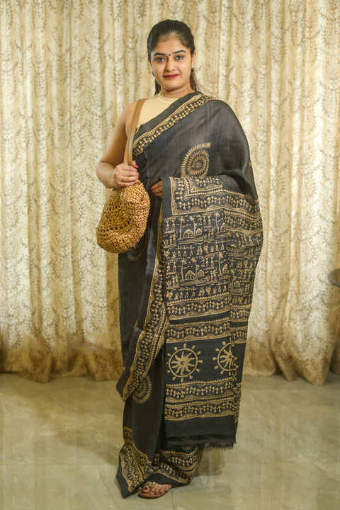 Warli Painted Black Tussar Silk Saree