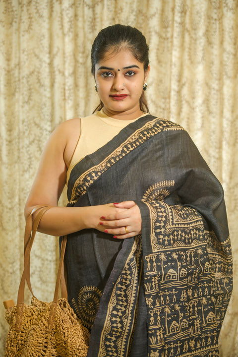 Warli Painted Black Tussar Silk Saree