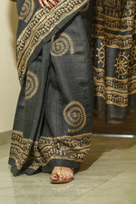 Load image into Gallery viewer, Warli Painted Black Tussar Silk Saree
